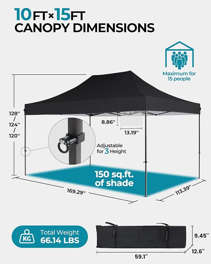 10x15 Canopy Tent with Roller Bag, Easy Up Pop Up Tent, 300D Silver-Coating Outdoor Shelter, 4 Stakes & 4Sandbags & 4 Ropes, Black