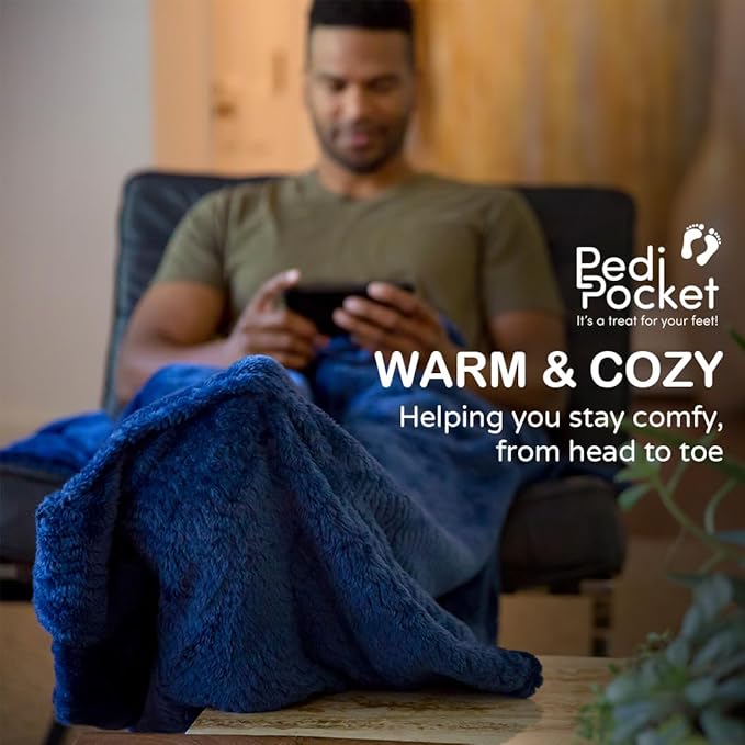 PediPocket XXL Sherpa Lined Patented Foot Pocket Blanket – Sassy Sapphire – Extra Large 60”x84”with 30”Deep Foot Pocket,Plush Fleece Blanket,Luxurious Comfort,Machine Washable,Gift Idea (non-electric)