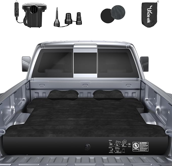 Truck Bed Air Mattress, Full Size Truck Beds, Inflatable Air Mattress Bed with Air Pump 2 Pillows, Carry Bag, Pickup Bed Air Mattress for Chevrolet Silverado, Dodge Ram, Ford, Black