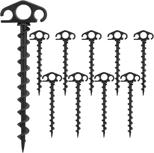Tent Stakes Ground Anchors Screw in, 10 Pack Sand Stakes for Beach 9.4 Inch Heavy Duty Spiral Tent Pegs for Camping, Party, Hiking, Outdoor Decoration (10, Black)