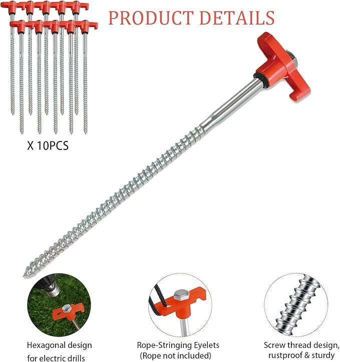 10-Pack 8" Heavy Duty Screw in Tent Stakes, Drill-in Non-Rust Ground Anchor Pegs, Metal Tent Accessories for Camping, Garden, Hiking, Orange