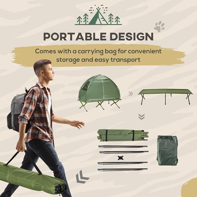 Portable Camping Cot for Adults,Folding Cot for Sleeping with Mattress, Elevated Tent and Sleeping Bag, Multifunctional Outdoor Tent Cot Bed 1 Person