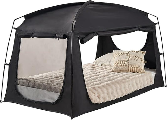 Privacy Sleep Indoor Bed Tent for Adults Kids, Portable Blackout 90% Canopy Tents with 3 Doors Breathable Mesh Windows