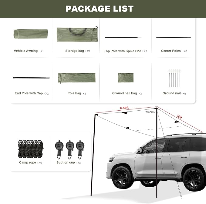 Portable Car Awning for SUV, Vehicle Awning for Camping Van Truck, Needn't Roof Rack Hardwares Waterproof UV50+ Army Green 10 x 6.56 ft