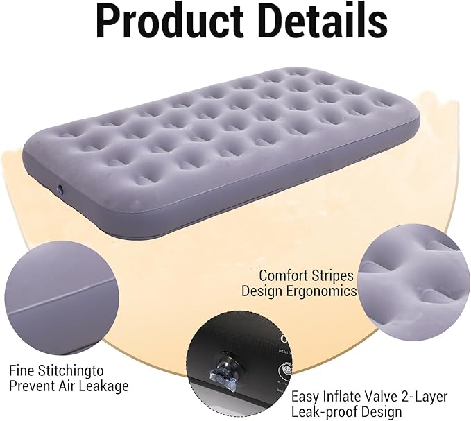 Twin Size Single Camping Air Mattress Bed with Air Pump,75"x 39"Thickened Portable Inflatable Mattress Blow Up Air Mattress,Travel Sleeping Bed Pad for Camping Home Hiking(Gray)