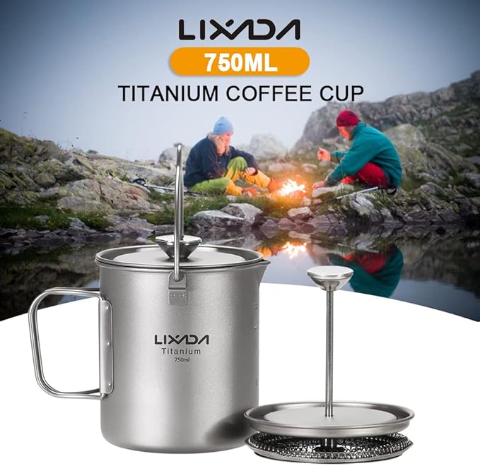 Lixada Titanium Cup Camping Coffee Mug 750ml Outdoor French Press Pot, Camp Cooking Pot, Coffee Maker with Lid, Multi-Functional Travel Mug for Outdoor Camping, Hiking, Picnic, Backpacking