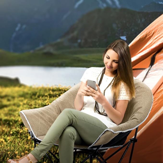 OUTDOOR LIVING SUNTIME Oversized Padded Camping Chair,Portable Comfy Outdoor Folding Moon Round Saucer Chairs for Adults with Holder and Carry Bag, Perfect for Hiking Lawn Patio Sports（Beige 2 Pack）