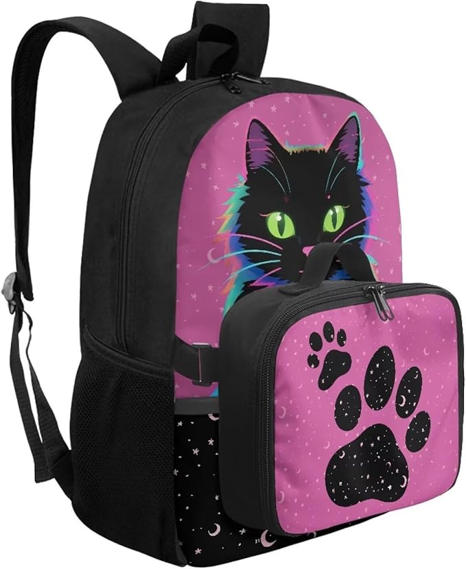 HUGS IDEA Neon Cat School Backpack for Kids 17 Inch Bookbag and Lunchbox for Kids Large School Bags for Girls Lightweight Book Bag for Students Travel Casual Daypack for Camping