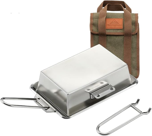 CAMPINGMOON Grill Griddle Plate for Camping Grilling 304 Stainless Steel DO-21,DO-2117 L 8.3'' x W 5.5'' x T 0.16'' Extra-thick with Removable Handle (Plate with Cover (DO-2117))