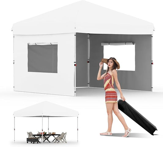 10x10 Pop Up Canopy Tent Outdoor Canopy with 3 Removable Sidewalls One-Person Set Up Heavy Duty Commercial Instant Tent Shelter-White