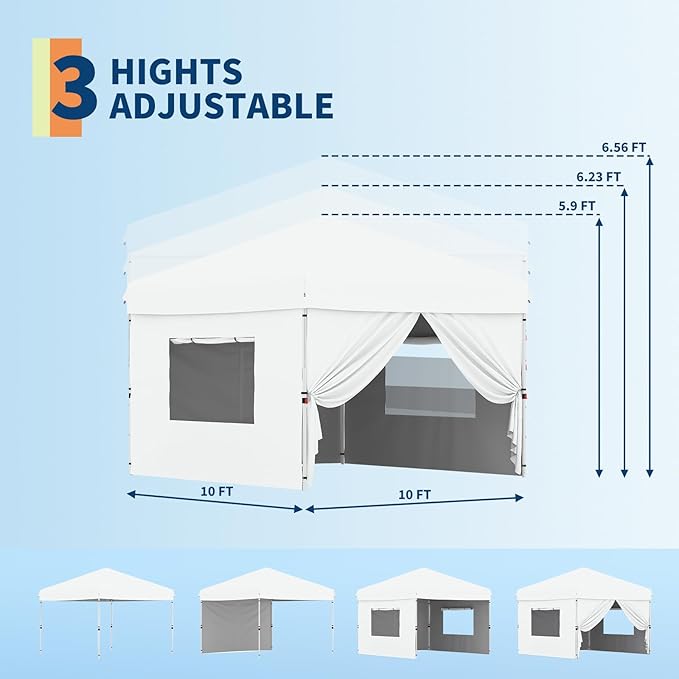 10x10 Pop Up Canopy Tent with 4 Removable Sidewall, Heavy Duty Commercial Instant Shelter with One-Person Setup, UPF 50+ Waterproof, 100 Sq Ft Shade for Outdoor Events, Camping, Farmers Market