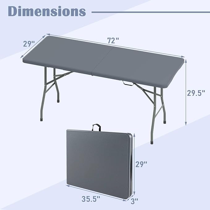 Tangkula 6 FT Folding Table, Indoor Outdoor Foldable Plastic Table with HDPE Tabletop, Sturdy Metal Fame, Carrying Handle, Heavy Duty Portable Fold-in-Half Picnic Table for Camping BBQ Party