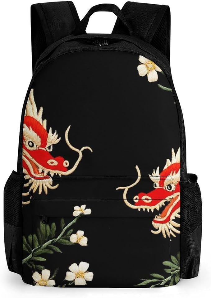 Polyester Daypack Backpack for Climbing Outdoors Running, Big Capacity Multipurpose Anti-Theft Bookbag, Floral Chinese Japanese Dragon Flower Travel Hiking Camping Rucksack