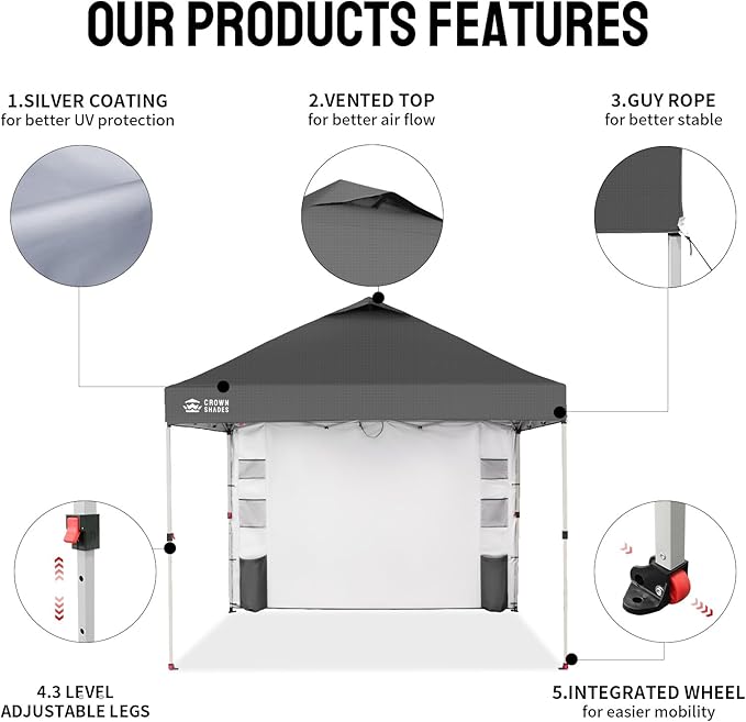 CROWN SHADES Canopy Tent 10x10 Pop Up Canopy Outdoor Shade with Pockets Sidewall, Easy Up Sun Shelter with One Person Set Up Center Lock, Portable Instant Camping Beach Canopies Tents, Grid Grey
