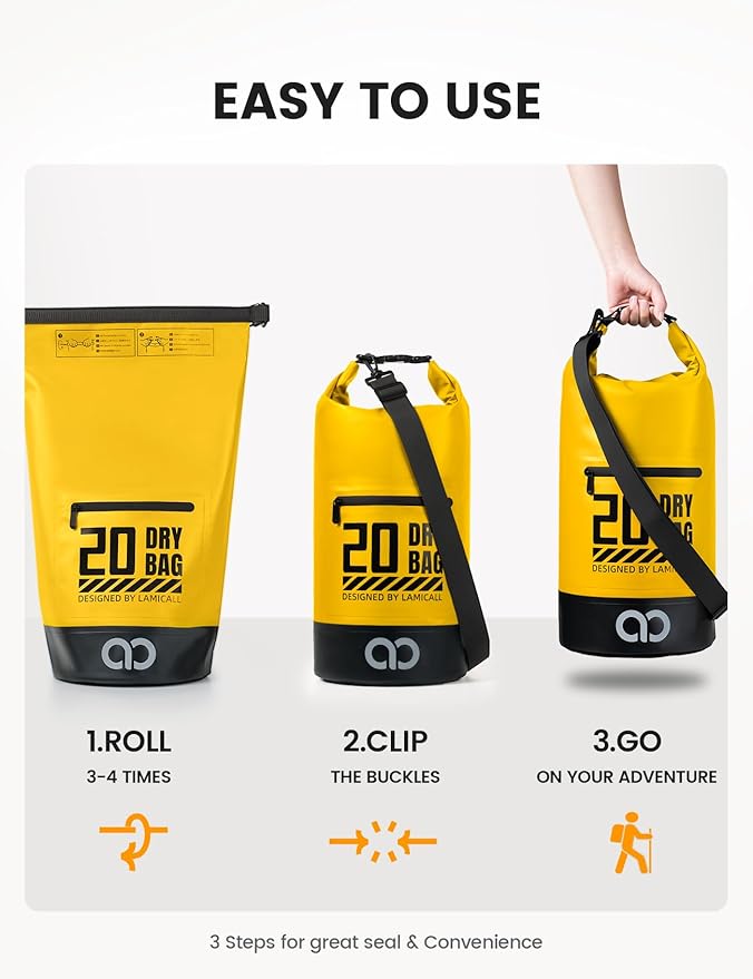 Lamicall Waterproof Dry Bag with Phone Pouch, Floating Roll Top Backpack, 20L, Yellow