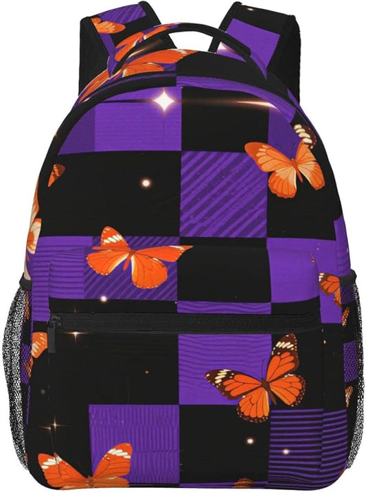 Men Women Polyester Butterflies Buffalo Plaid Purple Tartan Daypack Backpack Large Capacity Carry On Bag With Smooth Zippers for Hiking Picnic Walking Cycling
