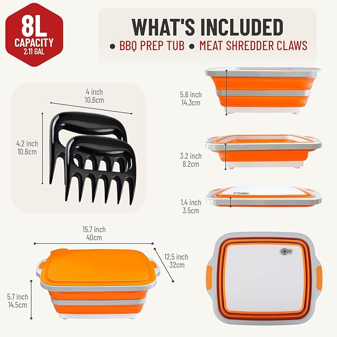 Medium 8L BBQ Prep Tub with Lid & 2 pcs Meat Shredder Claws, Collapsible Cutting Board for Brisket, BBQ Tray for Meal Prep marinating, Versatile Kitchen Container for Meat & Food storage
