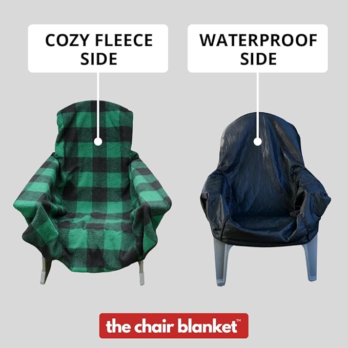 The Chair Blanket – Reversible, Waterproof & Sherpa-Lined - Stretchable Elastic Back - Original Patio Chair Cover – Ideal for Homes and Outdoor Furniture- with Carry Pouch (Green Plaid)