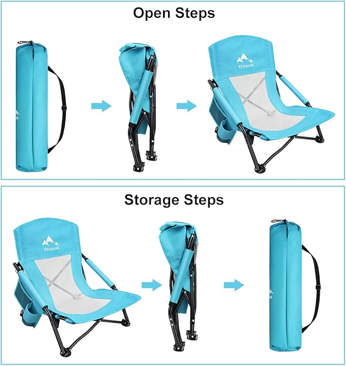 Oileus Low Beach Chair for Beach Tent/Shelter/Camping/Outdoor Ultralight Backpacking Folding Recliner Chairs with Cup Holder/Storage Bag, Carry Bag, Breeze Mesh Back, Compact Duty 2 Pcs