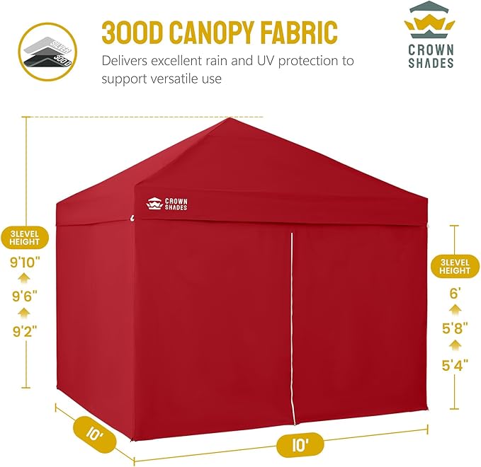 CROWN SHADES 10X10 Comercial Instant Canopy Pop Up Tent with Center Lock (10x10 with 4 Sidewalls, Red)
