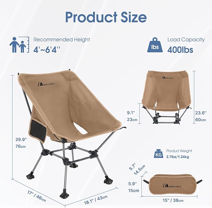 MOON LENCE Camping Chair Plus, Upgraded Comfort & Size, Still Compact and Lightweight, Folding Portable Chair for Backpacking & Hiking, 400Lbs Capacity, Gen 3 Plus (Khaki with Groundgrip Feet (Plus))