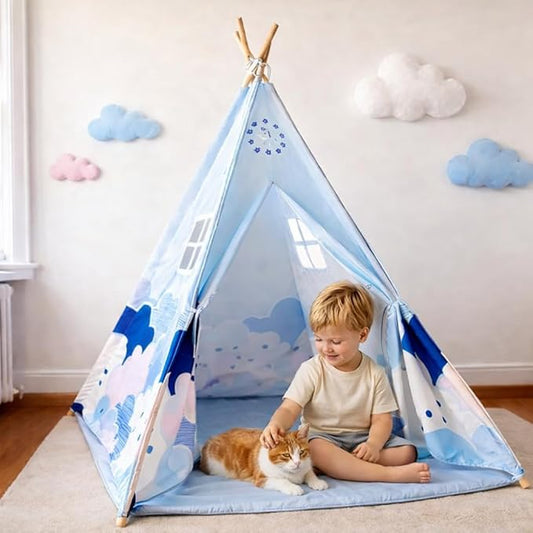 Pony Teepee Tent for Kids and Pets Blue Cloud Play Tent with Mat & Windows, Foldable Indoor Toddler Tent for Boys & Girls, Cute Pony Playhouse for Kids and Cat Cozy Hideout for Reading and Cat House