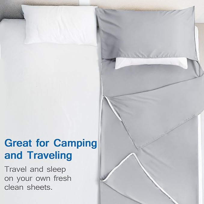 Sleeping Bag Liners with 2 Way Zipper, Adult Sleep Sack Travel Sheets for Hotel/Hostels/Business Trips, Lightweight Single Camping Sheet Sleep Bag Liner Warm & Cold Weather, Gray
