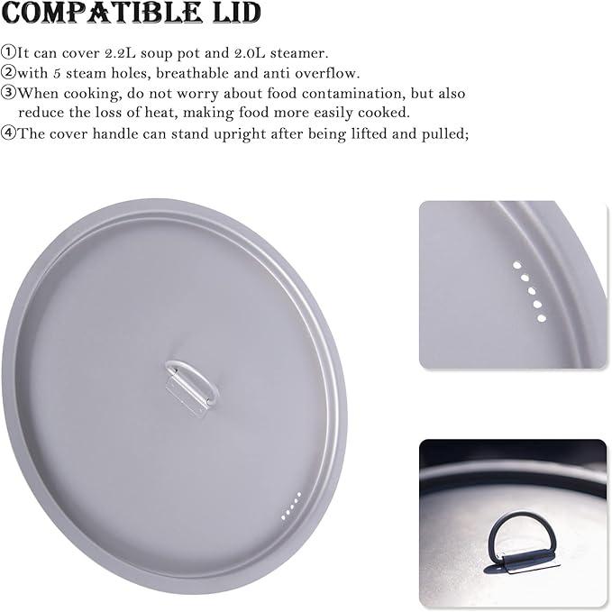 iBasnigo 2.2L Titanium Pot with Steamer Lightweight Portable Cookware Set for Camping Hiking Kitchen Cooking US-Ti2111C