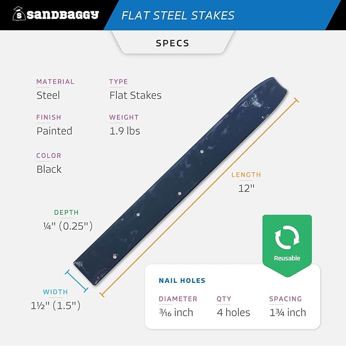 Sandbaggy Flat Steel Stakes for Concrete Forms with Nail Holes - 1.5" Wide - Painted - Removable, Reusable, V Point End - Construction Grade Stakes (100, 12 inch)