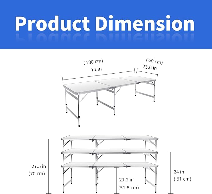 Camping Table 6FT Folding Table Large 3 Adjustable Height Portable Picnic Table Camp Aluminum Outdoor Picnic BBQ White