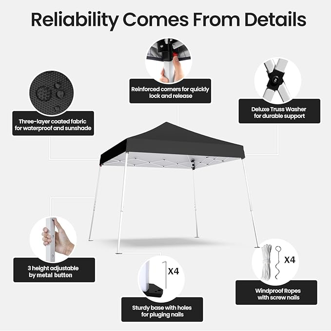 Pop-up Canopy Tent,Portable Outdoor Canopy for Parties Camping,Slant Legs Folding Tent,Sports Shelter,Beach Tent,Base 10x10 Top 8x8,3 Adjustable Height(Black)