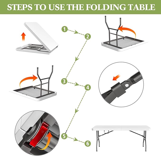 MEI&CO 6ft Heavy Duty Outdoor Folding Table for 6 - Sturdy HDPE Top, 350lbs Capacity, Foldable Lockable Design, No Assembly - Camping Parties Picnics (White)