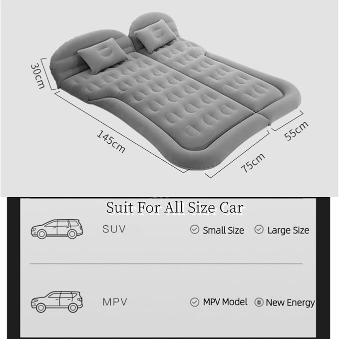 SUV Air Mattress Car Bed Inflatable Mattress for Truck Backseat - Foldable Air Mattress with Flocking Surface and Electric Pump Portable Air Bed for Home Tent Camping Travel - Light Grey