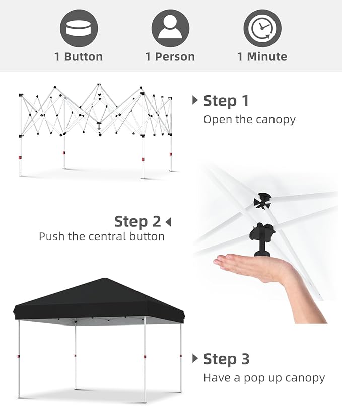10x10 Pop Up Canopy Tent Outdoor Canopy with No Removable Sidewall One-Person Set Up Heavy Duty Commercial Instant Tent Shelter-Black