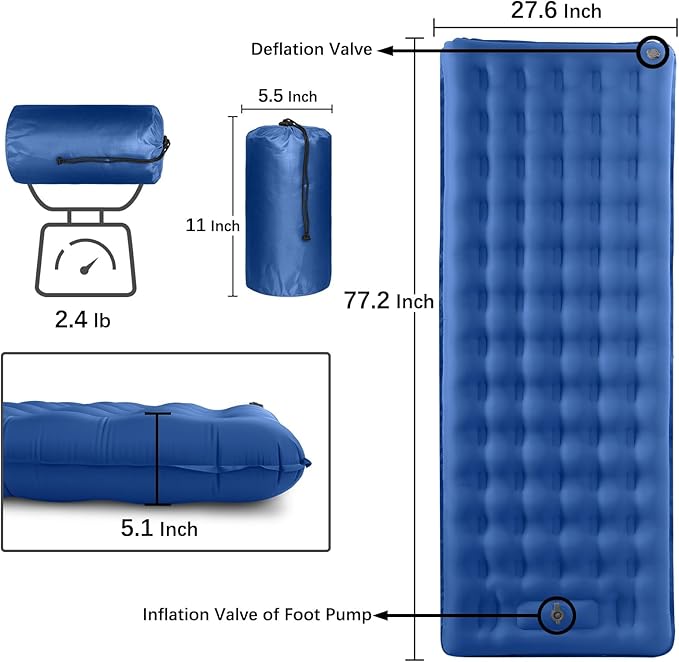 Inflatable Sleeping Pad for Camping Ultralight Sleeping Mat with Built-in Foot Pump 5.1" Extra-Thick Camping Mattress Pad for Backpacking Hiking Tent Traveling