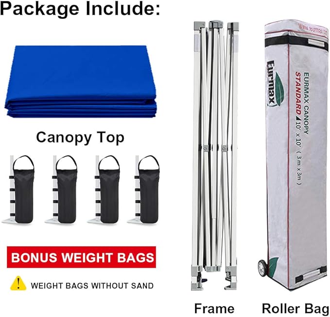 Eurmax USA Patented 10x10 Pop Up Canopy Tent Party Tent Commercial Instant Canopies Shelter with Heavy Duty Roller Bag,Bonus 4 Sand Bags (Royal Blue)