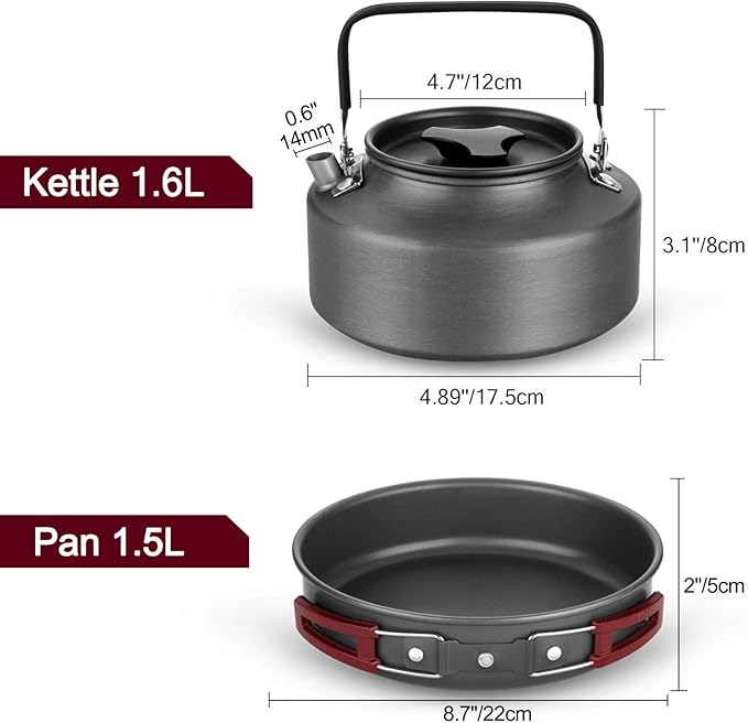 Odoland 22pcs Camping Cookware Mess Kit, Large Size Hanging Pot Pan Kettle with Base Cook Set for 4, Cups Dishes Forks Spoons Kit for Outdoor Camping Hiking Picnic