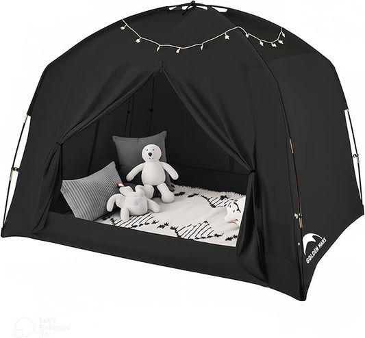 Bed Tents for Kids and Adult, Portable 100% Breathable and 93% Blackout Toddler Toddler Dream Paly Tent, 3 Doors Privacy Space Sleeping Canopy for Floor or Twin Full Queen Sizes Bed (Black, Full-Size)