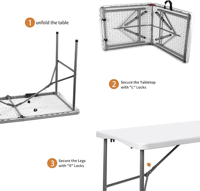 4 ft Plastic Folding Table with Carrying Handle, Straight Legs for Camping, Wedding, Kitchen, Beach - White