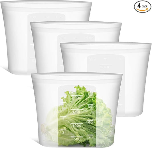 Large Reusable Silicone Food Storage Bags 4 Pack, 0.44 Gallon/2000ml, 100% Silicone Stand-Up Wide-Open Zip-Lock Reusable Bags for Large Items, Microwave Freezer Oven Dishwasher Safe, Translucent