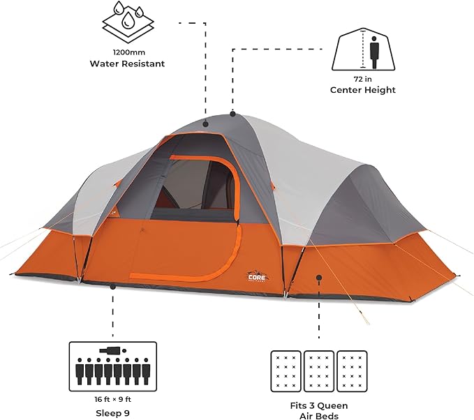 CORE Tent for Family Camping, Hiking and Backpacking | 3 Person / 4 Person / 6 Person / 9 Person Person Dome Camp Tents with Included Tent Gear Loft for Outdoor Accessories