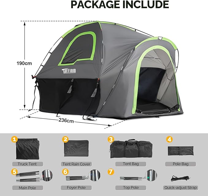 Bonnlo Truck Bed Tent for 5.5-6 ft Truck Bed, PU2000 Waterproof Portable Pickup Truck Tent, 210D Oxford Polyester Camping Tent, Reinforced Fiberglass Poles for 2 Person