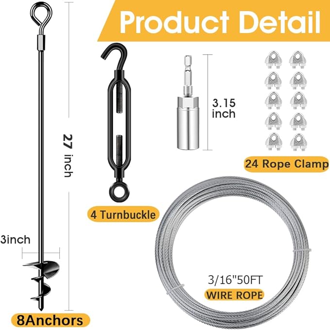 27in 8 Pack Ground Anchors with 3/16" Galvanized Cable Shed Anchor Kit, Trampoline Stakes Anchors High Wind – Ideal for Canopies, Sheds, Car Ports, Swing Sets Gazebo Greenhouse (27 in of 8 Pcs)