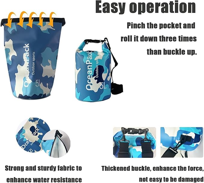 Dry Bag Waterproof 5L/10L/20L, Camo Design, Roll Top Lightweight dry bags for FLoating, Boating, Kayaking, Camping, Beach，Paddle boarding Accessories