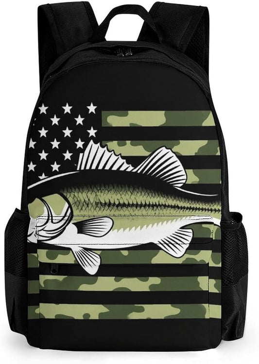 Men Women Lightweight Bass Fishing Hunting Camo Camouflage American Flag-4 Casual Daypack Big Capacity Bookbag With Padded Straps for Gym Travel Walking Cycling