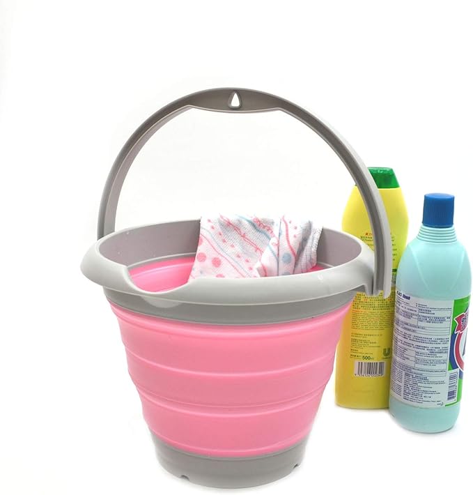 SAMMART 5L / 1.32 Gallon Collapsible Plastic Bucket - Foldable Round Tub - Portable Fishing Water Pail - Space Saving Outdoor Waterpot (5L Round, Grey/Pink)