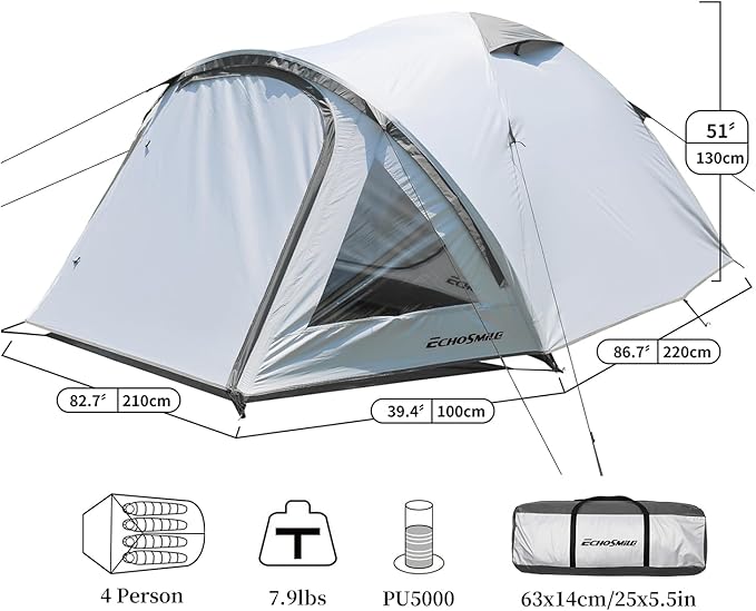 EchoSmile Camping Family Tent for 2-3 Person, Waterproof Dome Tent with Vestibule, Ultralight Easy Setup for Outdoor Camping, 3 Season