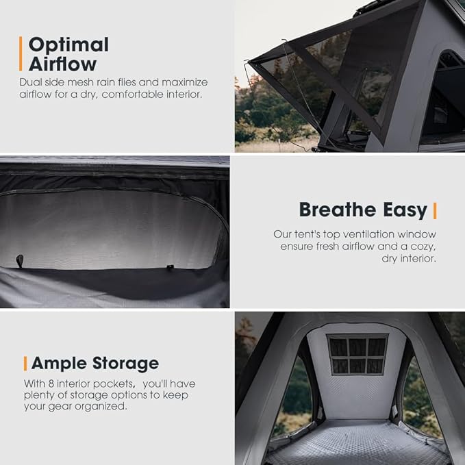 4.57" Slim Rooftop Tent Hard Shell, Waterproof Hotham Lite Aluminium Car Roof Tent with Tri-Color LED Strip Light, SUV Roof Rack Tent w/ 1.97" Thick Mattress, 2-3 People, Grey