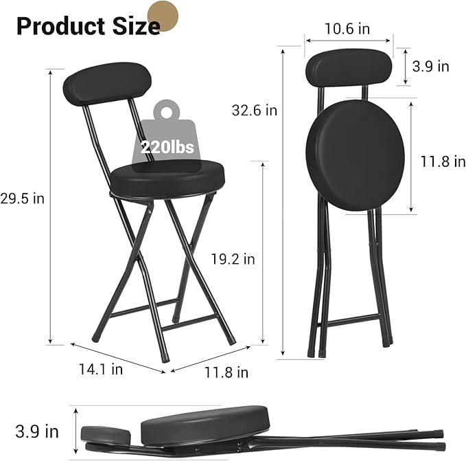Cushioned Padded Folding Stools, Folding Bar Stool with Backrest, 220lb Capacity, 19 Inch Collapsible Round Portable Foldable Chair for Outdoor Indoor Kitchen Camping Fishing (Black, 2 Pack)