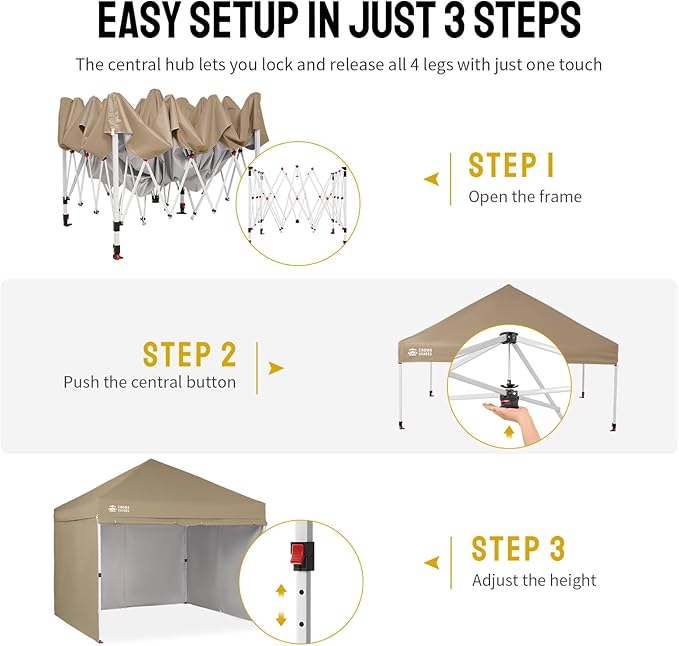 CROWN SHADES 10X10 Commercial Instant Canopy Pop Up Tent with Center Lock, 300D Fabric, 4 Sidewalls, Sto'N Go Bag, Beige